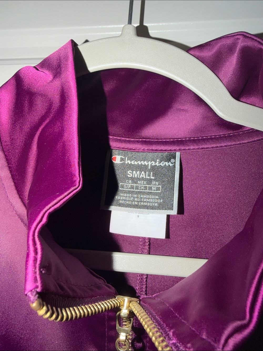 Champion Women's Satin Bomber Jacket in Plum Purple with Gold Zipper - Picture 6 of 9
